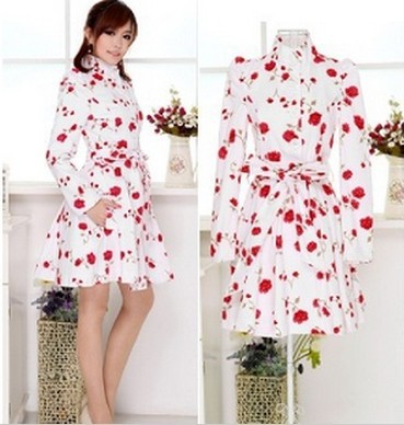 Freeshipping 2012 new fashion sweet princess elegant rose floral print stand collar slim cotton trench women coats overcoat A13