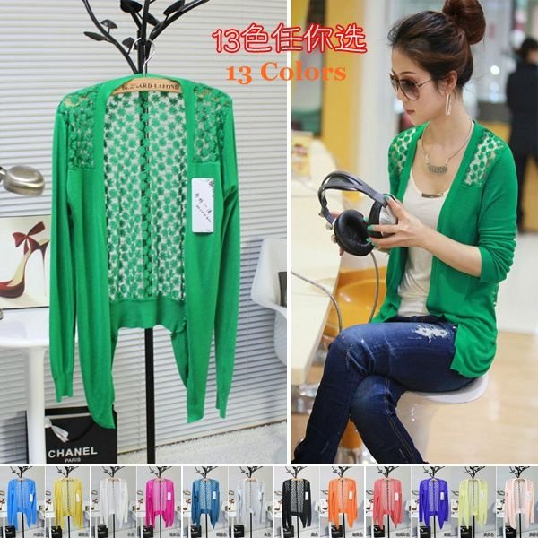 Freeshipping 2012 New Women 13 Candy Color Cardigan Lace Cotton Hollow Out Shrug Casual Cape Mix Colors