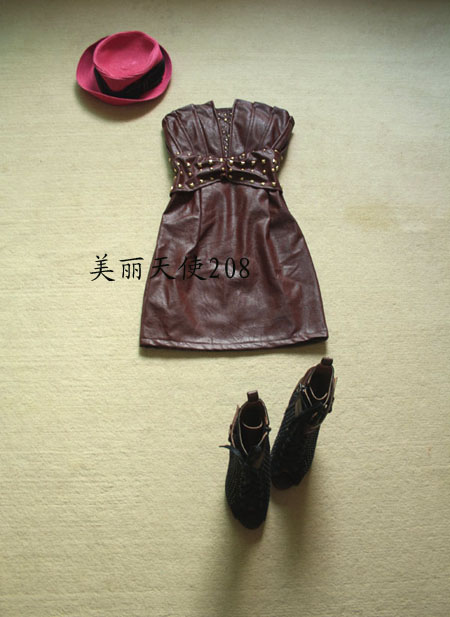 Freeshipping 2012 PU bow tube top dress slim coffee leather tube top one-piece dress IVU