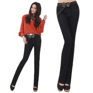 freeshipping 2012 spring women's high waist jeans lengthen edition elastic straight pants plus size trousers female 1201
