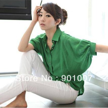 Freeshipping 2012 summer women's new arrival green batwing sleeve loose short-sleeve shirt