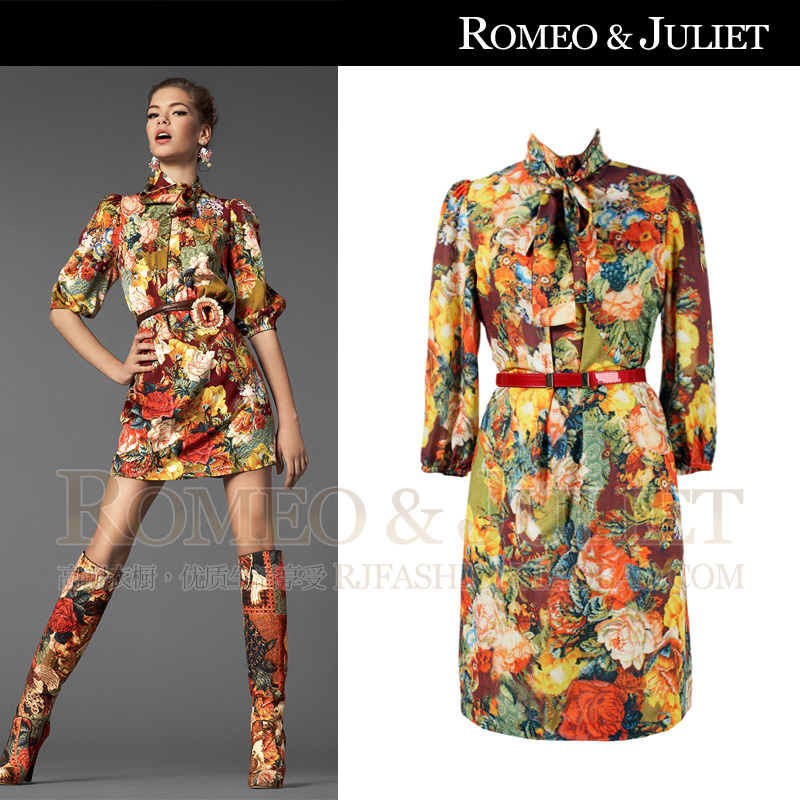 freeshipping 2013 fashion hot big brand  women puff sleeve peony print ribbon loose one-piece dress