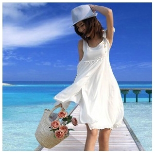 Freeshipping 2013 Spring new summer fashion White Vest  Sleeveless  knee-length cotton beach Dress