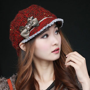 freeshipping Autumn and winter bow belt paillette fashion blended-color small hat brim hat 1061