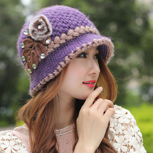 freeshipping Autumn and winter fashion with diamond leaves rabbit fur ball flower bucket hats hat