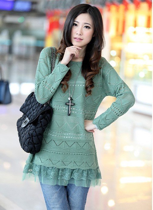 freeshipping Autumn and winter new long hollow lace stitching atmospheric long sleeve ladies sweater dress