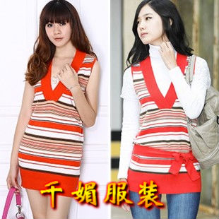 Freeshipping Autumn autumn and winter long design multicolour stripe pullover sweater dress tank dress clothes