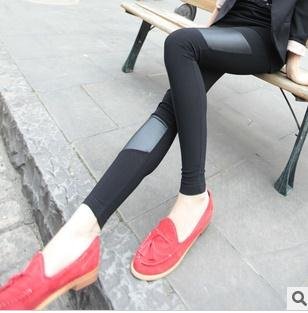 freeshipping!Autumn Super show figure imitation leather splicing nine minutes of pants fahionLeggings