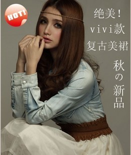 Freeshipping Beautiful ! japanese style vivi sweet vintage denim gauze patchwork one-piece dress with belt