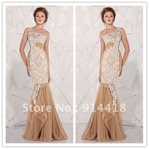 Freeshipping Best Seller Arabic Prom Dress One Shoulder Lace Floor-length Tulle Dubai Evening Dress