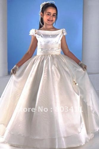 Freeshipping Best Selling Latest Ball Gown Off the Shoulder Taffeta & Organza Flower Girl Dress Communion Dress