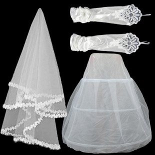 Freeshipping Best Selling Wedding Dress 3-piece suit (Petticoat, Glove, Veil)