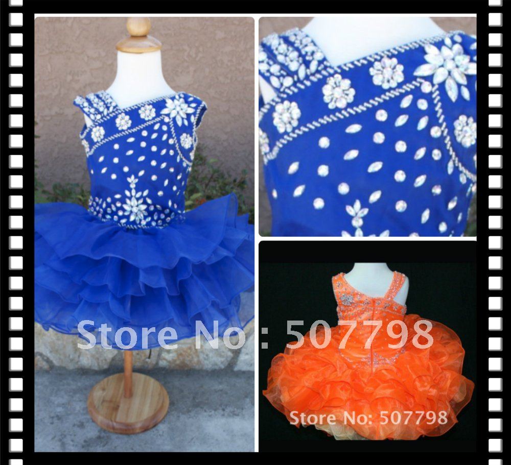 Freeshipping Custom Made Blue Asymmetrical Shoulders Stones Mini Formal Flower Girl Cupcake Pageant Dresses 0-4t