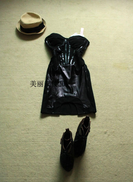 Freeshipping Faux leather patchwork tube top dress slim sexy fashion tube top one-piece dress fashion IVU