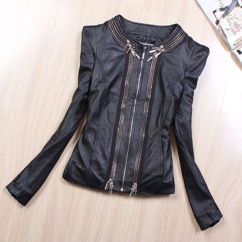 freeshipping Female short design slim genuine leather clothing sheepskin zipper o-neck sheep leather coat winter