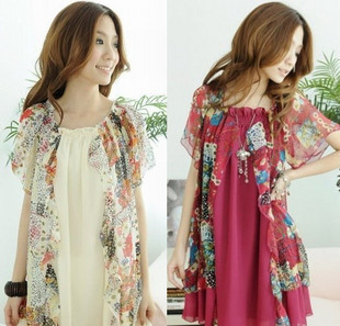 Freeshipping Female summer short-sleeve faux two piece loose maternity dress chiffon skirt one-piece dress 0802 plus size