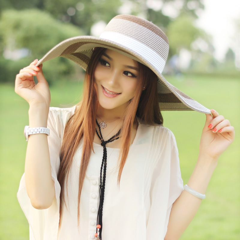 freeshipping Hat female summer fashion large brim hat wide stripe straw braid sun anti-uv sun-shading strawhat
