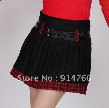 Freeshipping High Quality Women Fashion Elegant Woolen Pleated Bust Short Skirt -- Giving PU Leather
