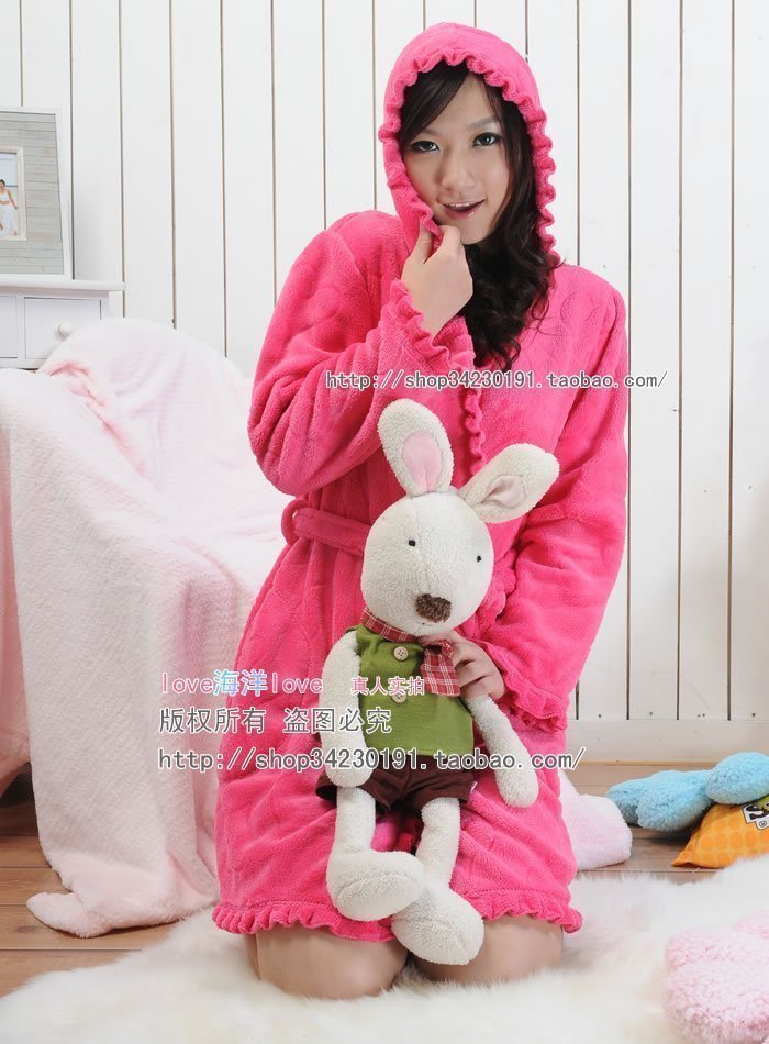 Freeshipping hot High sierra ofdynamism ruffle with a hood coral fleece robe derlook sleepwear