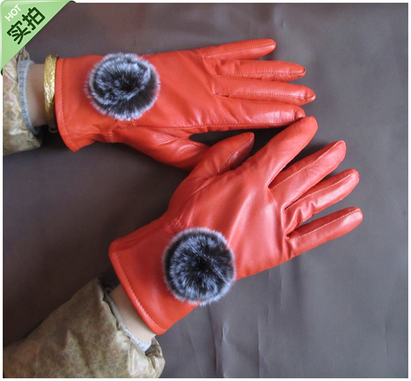 Freeshipping Hot-selling women's genuine leather gloves rabbit fur flower wool fleece liner thickening thermal sheepskin gloves