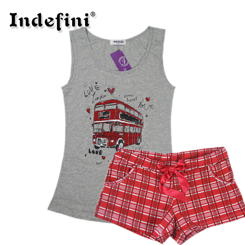 Freeshipping Indefini casual sports lounge women's cartoon 100% cotton sleeveless lounge sleep set IVU