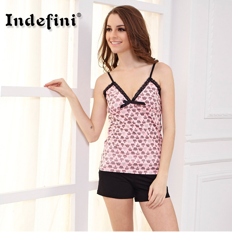 Freeshipping Indefini women's sexy vest shorts 100% cotton casual lounge female at home service IVU