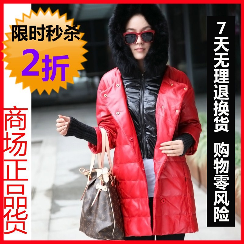 Freeshipping leather down coat clothing female sheepskin genuine leather clothing medium-long thickening with a hood