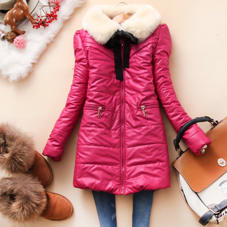 *Freeshipping* Lovable Secret Aal-w667 women's fur collar leather coat medium-long PU slim wadded jacket a-03