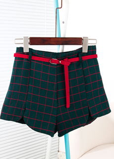 Freeshipping Material petals vintage plaid type basic high waist shorts velvet red leather belt IVU