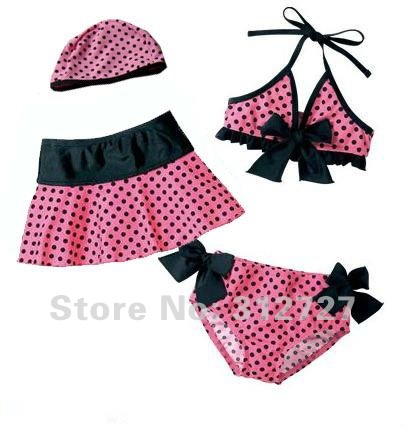 freeshipping MOQ:4sets,Girls Pink Polka Dots Swimwear Separate 4-piece  Beach Bikini Swimsuit kids swimwear
