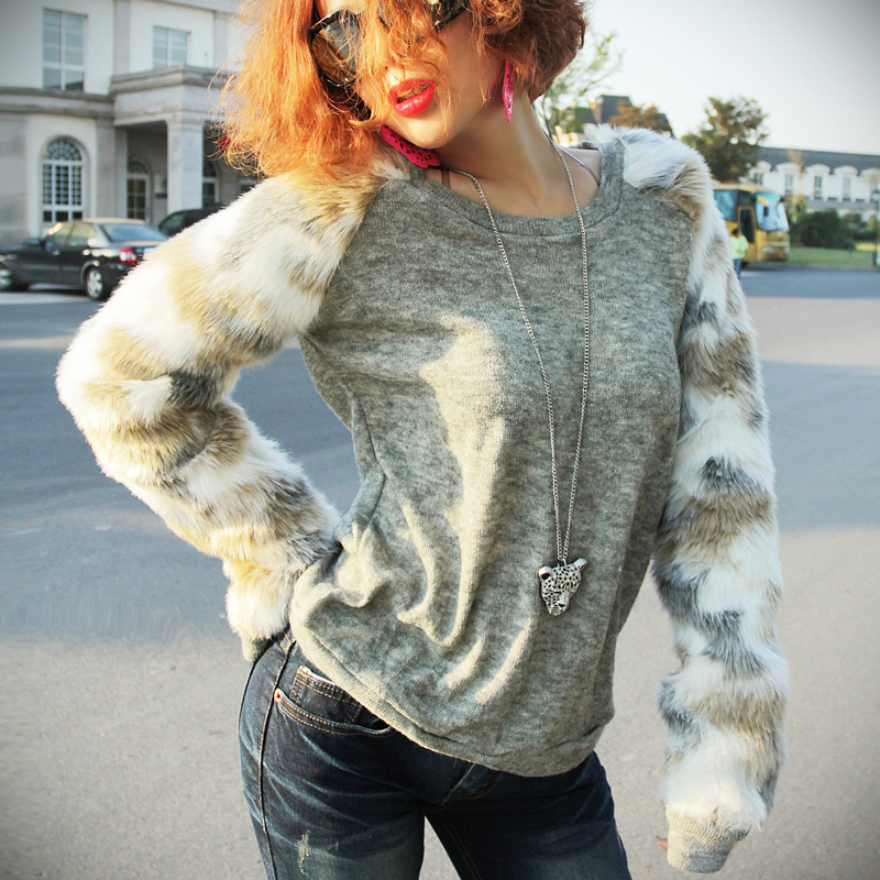 freeshipping Ms . y fashion long-sleeve pullover sweater faux fur patchwork sweater female