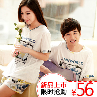 freeshipping New arrival male women's summer lovers sleepwear knitted cotton short-sleeve lounge set