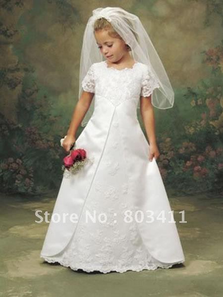 Freeshipping New Arrival Off Discount Latest Short Sleeve Satin & Lace Communion Dress