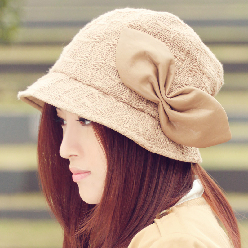 freeshipping New arrival women's autumn winter big bow hat 100% cotton elegant vintage dome bucket hats