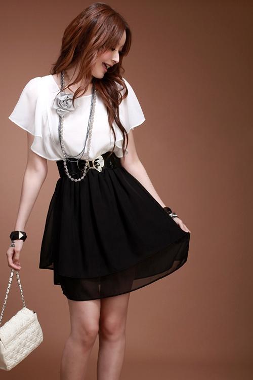 Freeshipping  new fashion 2013 summer  ruffle sleeve elegant black-and-white patchwork chiffon women one-piece dress with belt