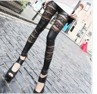 Freeshipping New Korean-style Top-quality Lace Imitation-leather Horizontal-stripe Spliced Ninth Bottoming leggings 99073