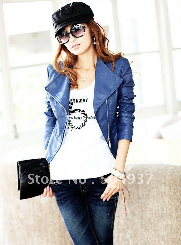 Freeshipping-New Popular Lady PU Leather Blazer Coat, Women Motorcycle Biker Candy Color Jacket, Blue PY0016