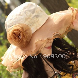freeshipping -- new2012, women's fashion summer sun hats with flower, 5 color with wide brim, cheap