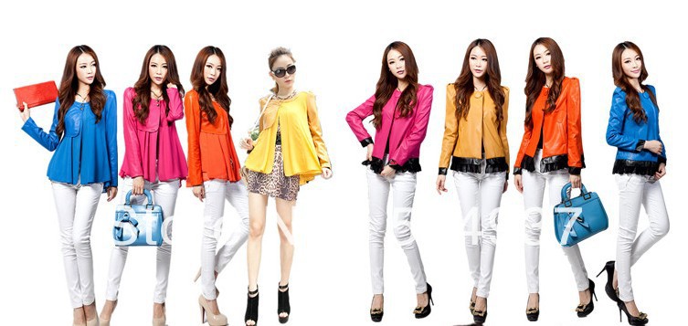 Freeshipping Newest Design Chiffon Leather Skirt Jacket Coat,Candy Colors Popular Button Coat