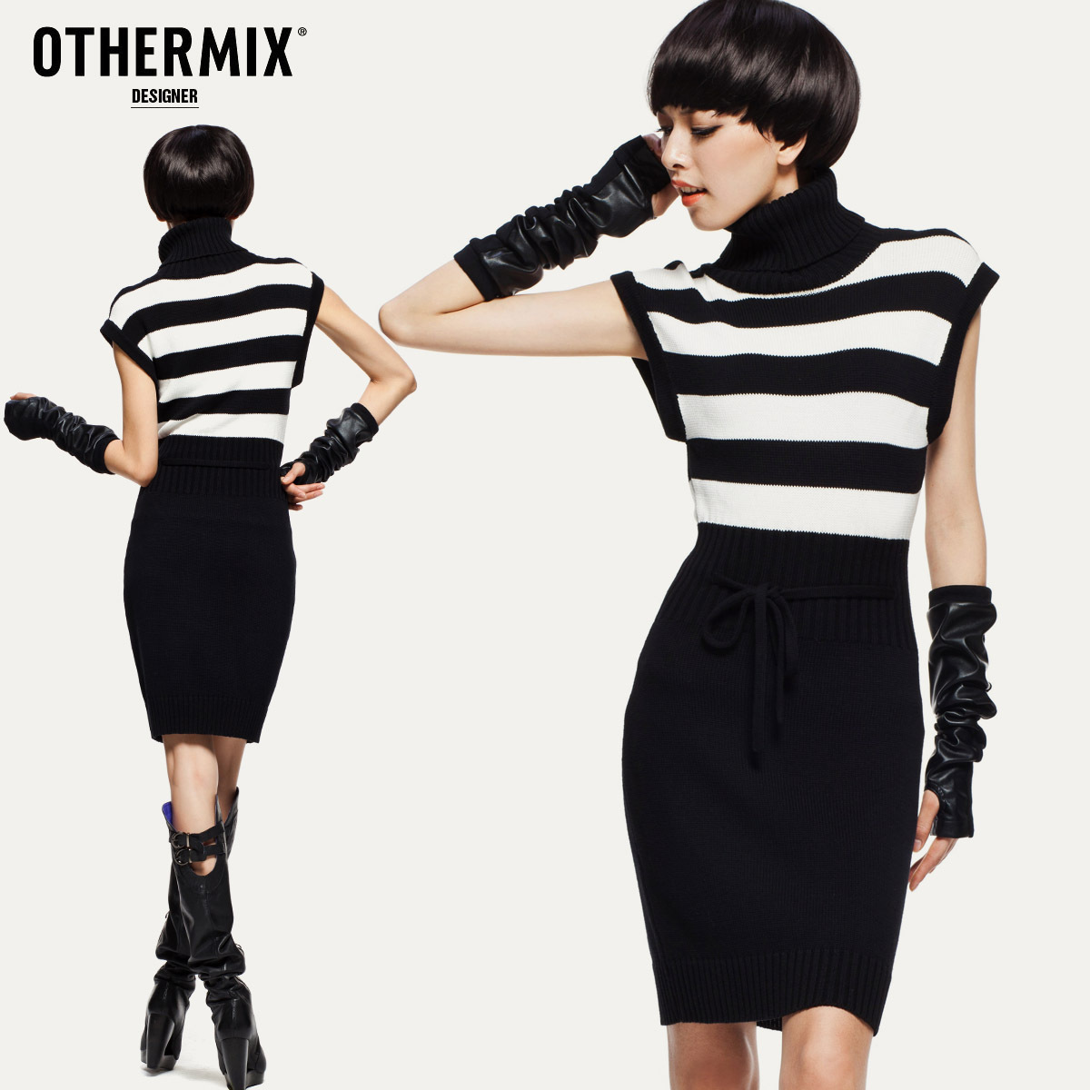 freeshipping Othermix women's 2012 autumn new arrival black and white stripe turtleneck sleeveless slim sweater dress 12m30007