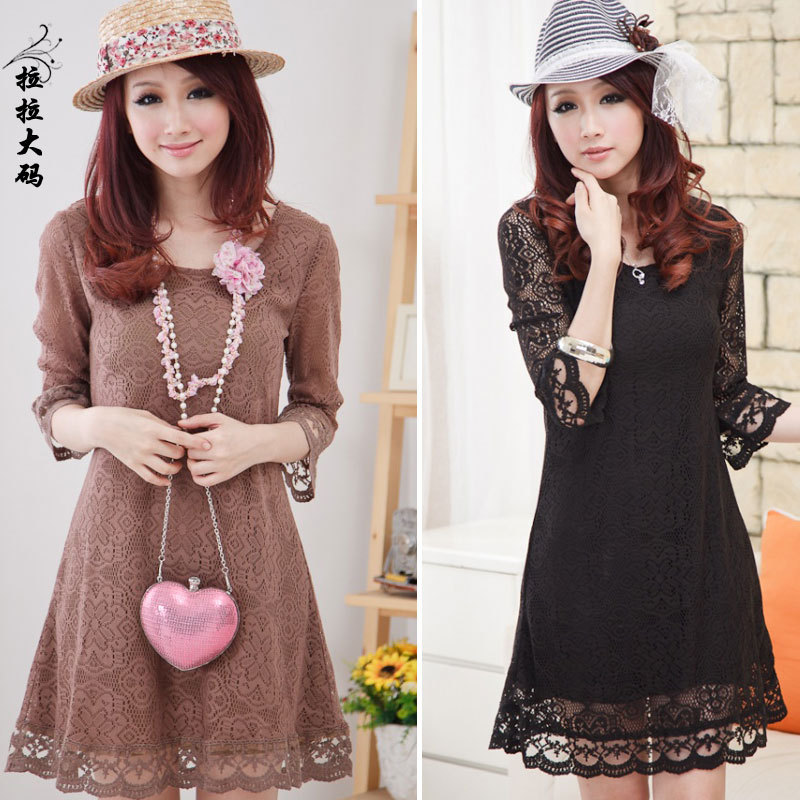 Freeshipping Plus size mm fashion high waist lace plus size one-piece dress autumn new arrival women's plus size C071