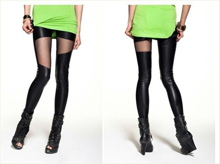 Freeshipping punk fashion BLACK matt cutout ripped imitation leather pu leggings pants wholesale and Retail