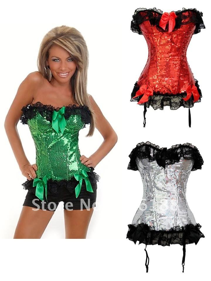 FREESHIPPING!! sexy corset, sexy lingerie Fashion overbust Corset ,  with hot ruffle Trim wholesale retail green red silver