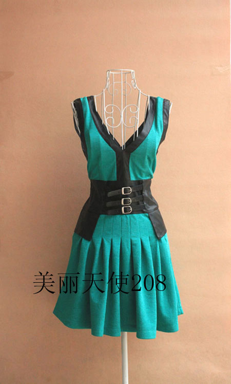 Freeshipping Sexy leather patchwork tank dress slim waist leather buckle on princess pleated skirt one-piece dress IVU