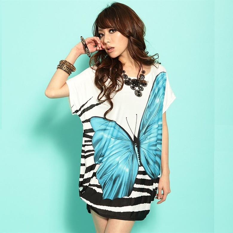 Freeshipping Short Sleeve O-Neck Butterfly Printed Ruffles Exotic Fashion Ladies' Big Plus Size Mini Dress Z011 Strapless A