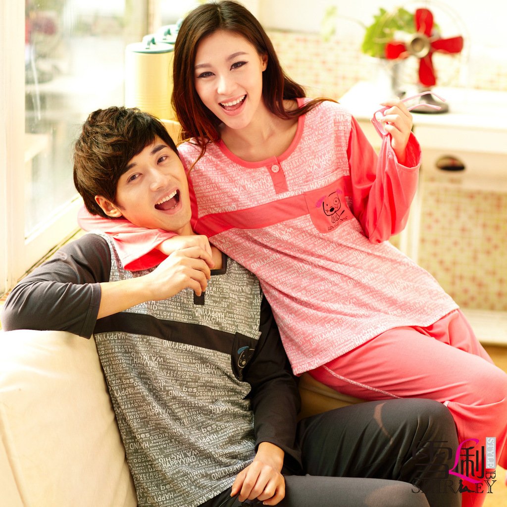 freeshipping Sleepwear lounge spring fashion letter lovers sleepwear cotton long-sleeve male women's set 2309