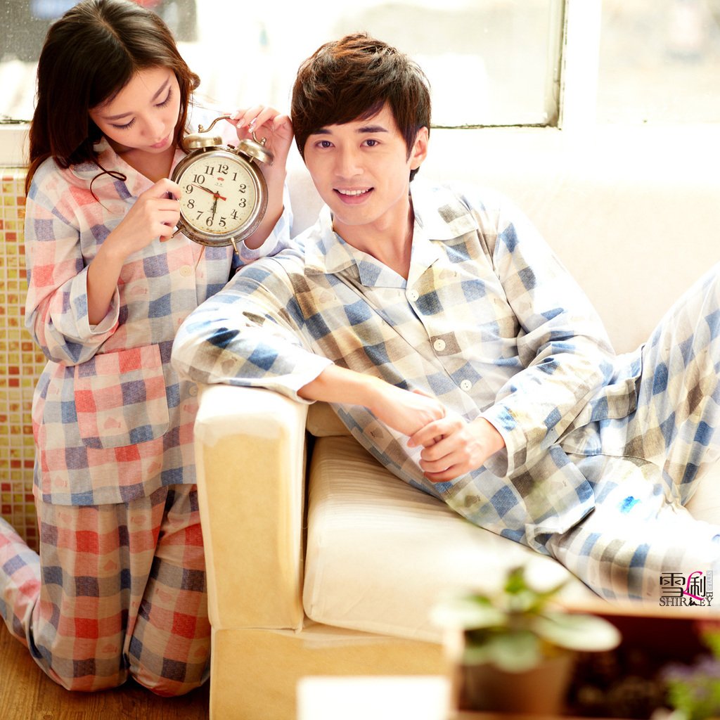 freeshipping Sleepwear lounge spring fashion plaid lovers sleepwear cotton long-sleeve male women's set 2312