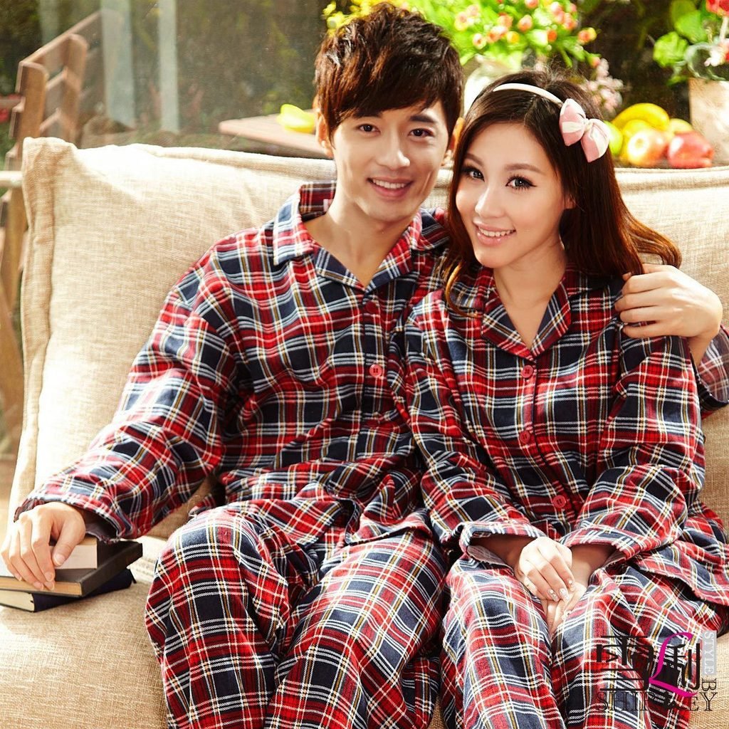 freeshipping Spring 100% cotton lovers sleepwear male women's long-sleeve elegant plaid thickening 100% cotton lounge fashion