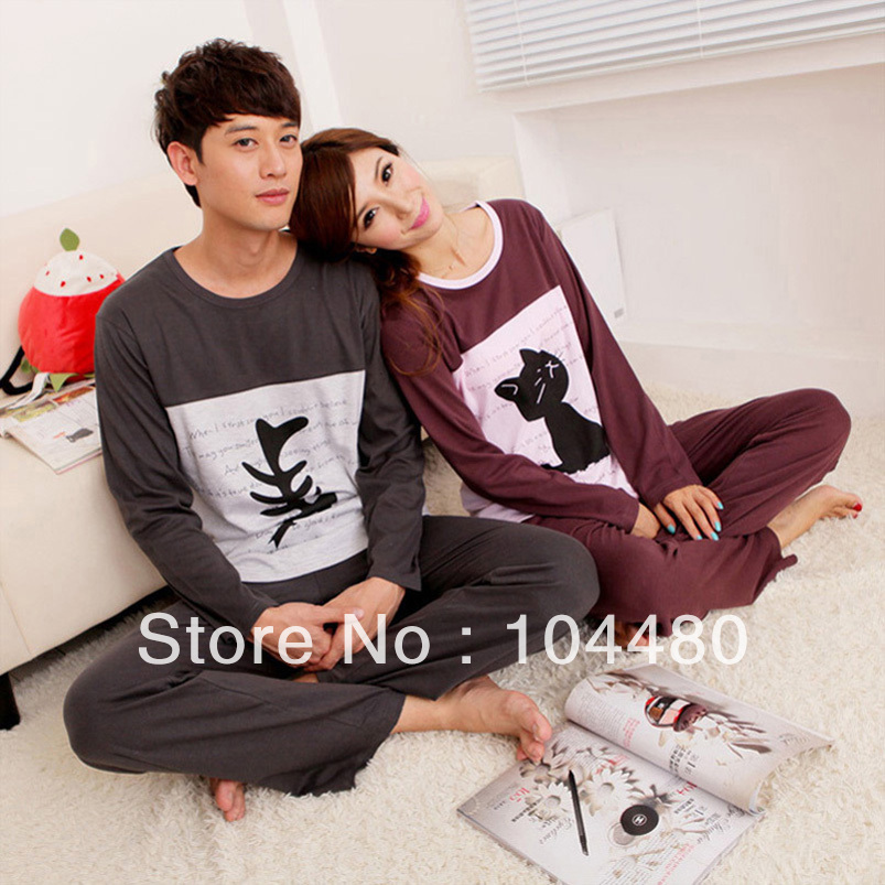 Freeshipping spring and autumn pure cotton cartoon cat fish sleepwear/pajams set for lovers