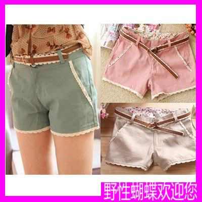 Freeshipping Summer legging lace decoration super shorts women mid waist shorts women belt